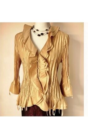 Vintage Gold Metallic Ruffle Romantic Boho Blouse Textured Details